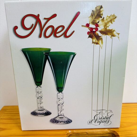 Y2K Cristal d'Arques Green Fluted Crystal Glasses France Goblet NOEL Stem Set‎ 2 - Picture 1 of 10